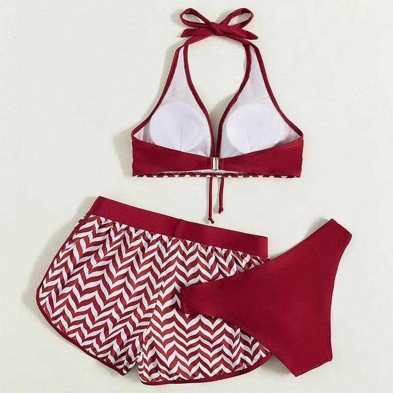 Three Piece Halter Swimsuit Set with Shorts - SHExFAB