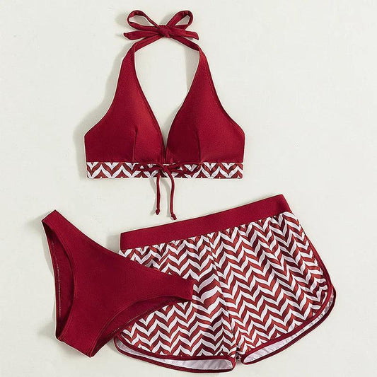 Three Piece Halter Swimsuit Set with Shorts - SHExFAB