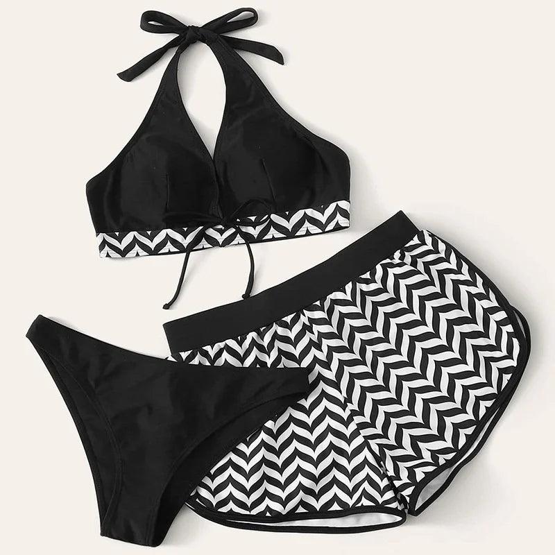 Three Piece Halter Swimsuit Set with Shorts - SHExFAB