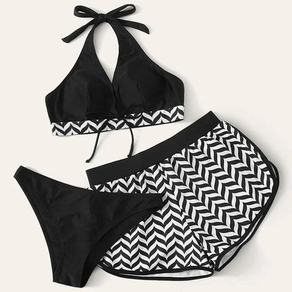 Three Piece Halter Swimsuit Set with Shorts - SHExFAB