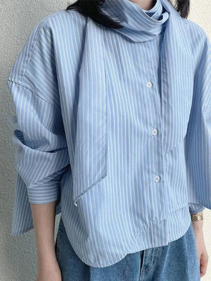 Tie Collar Long Sleeve Blue Striped Shirt - SHExFAB