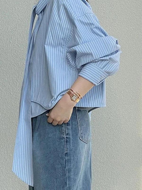 Tie Collar Long Sleeve Blue Striped Shirt - SHExFAB