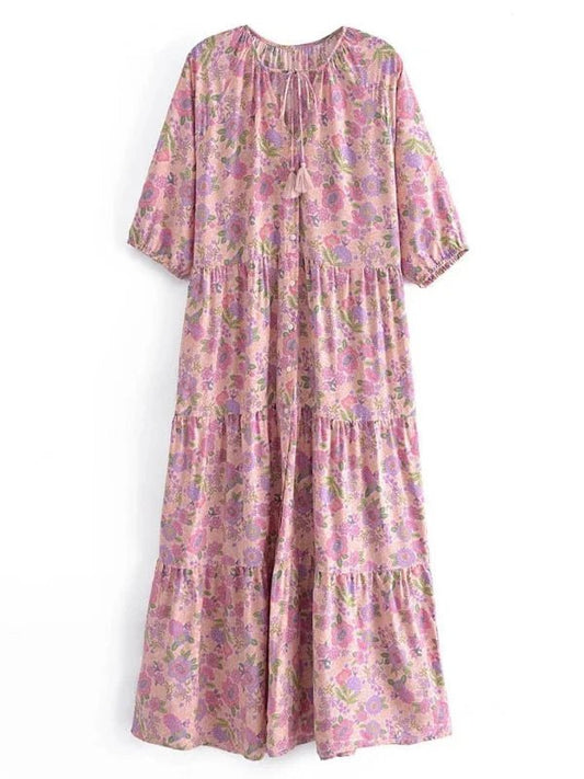 Tie Neck Lantern Sleeve Bohemian Floral Maxi Dress - SHExFAB