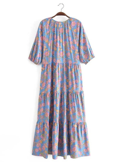 Tie Neck Lantern Sleeve Bohemian Floral Maxi Dress - SHExFAB