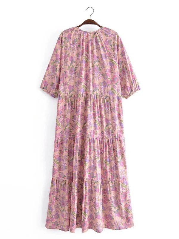 Tie Neck Lantern Sleeve Bohemian Floral Maxi Dress - SHExFAB