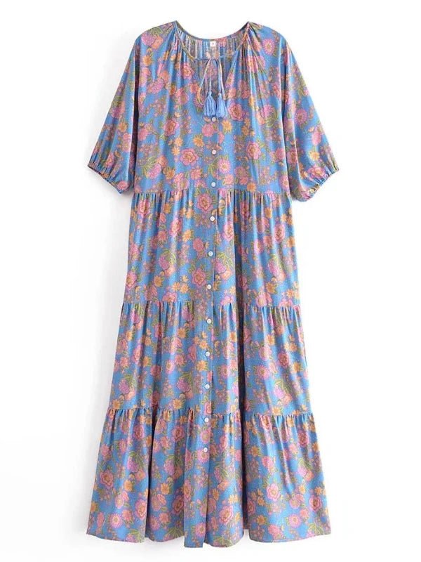 Tie Neck Lantern Sleeve Bohemian Floral Maxi Dress - SHExFAB