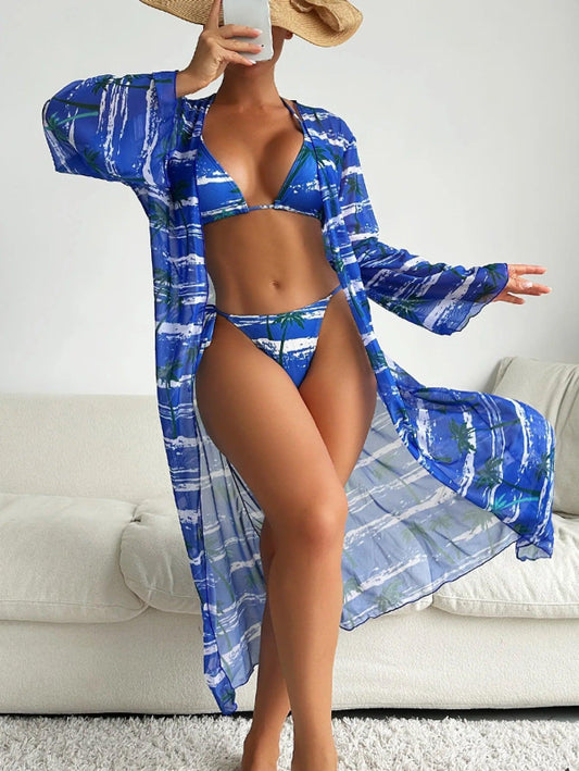 Tropical Triangle 3 Piece Bikini Set with Cover Up - SHExFAB