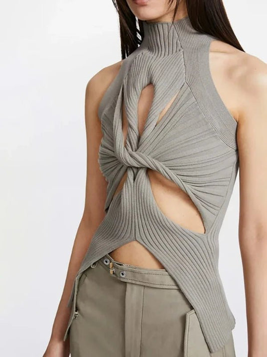 Turtleneck Cut Out Kink Knot Tank Top - SHExFAB