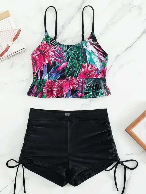 Two Piece Floral Swimsuit with Shorts - SHExFAB