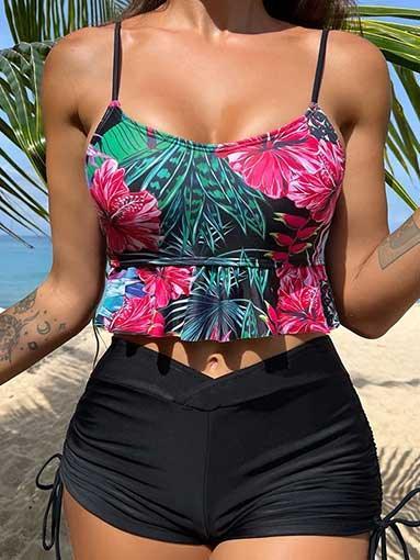 Two Piece Floral Swimsuit with Shorts - SHExFAB