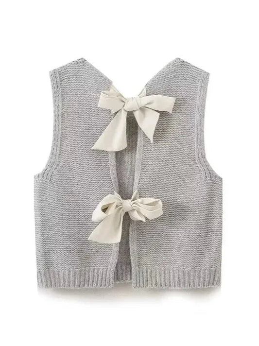 U - Neck Back Lace - Up Bow Pullover Knitted Vest - SHExFAB