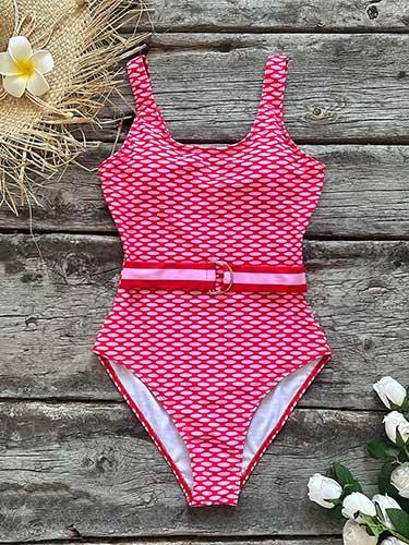 U - Neck One Piece Pink Swimsuit with Belt - SHExFAB