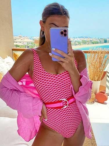 U - Neck One Piece Pink Swimsuit with Belt - SHExFAB