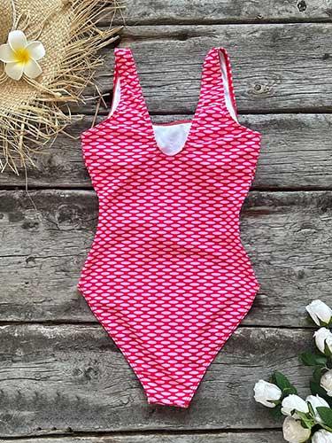 U - Neck One Piece Pink Swimsuit with Belt - SHExFAB