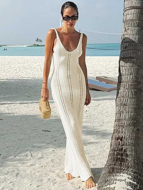 V - Neck Backless White Knit Maxi Dress - SHExFAB