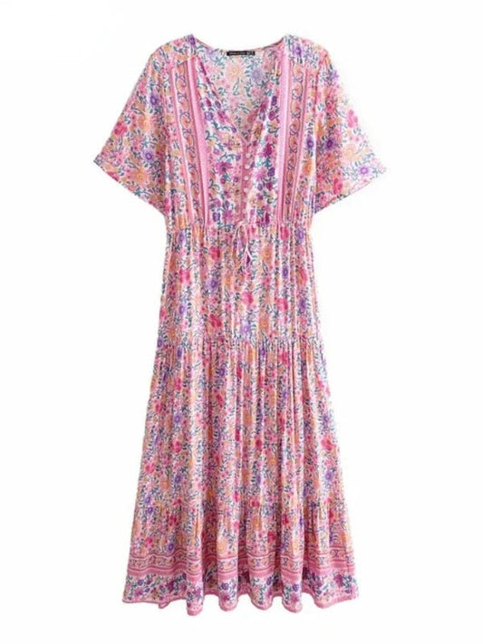 V - Neck Button Pink Floral Midi Dress - SHExFAB