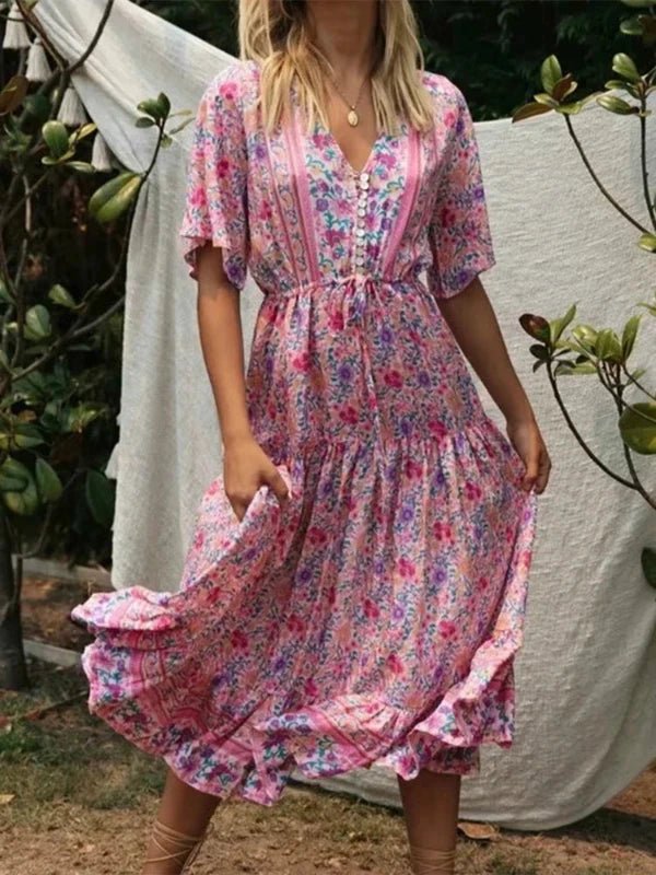 V - Neck Button Pink Floral Midi Dress - SHExFAB