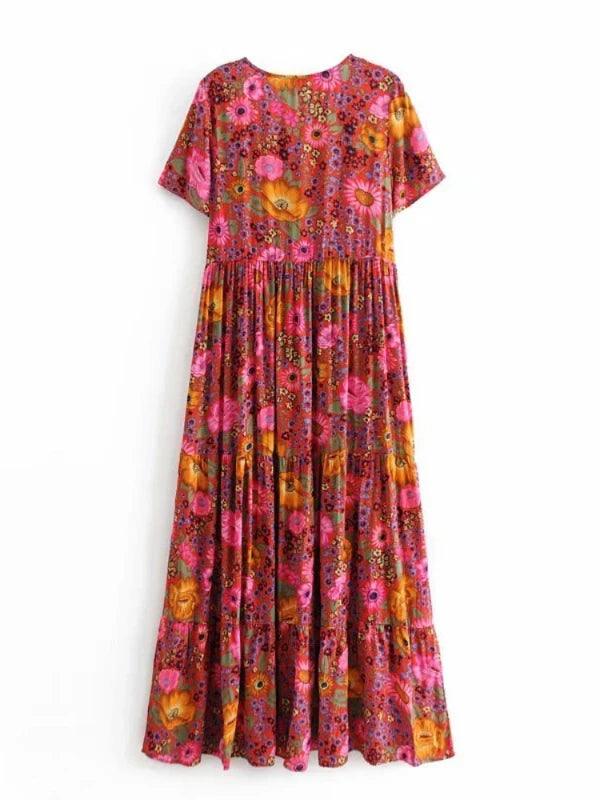 V - Neck Cotton Summer Long Floral Ruffle dress - SHExFAB