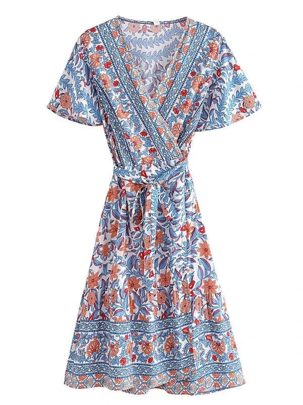 V - Neck Cross Wrap Short Blue Floral Dress - SHExFAB