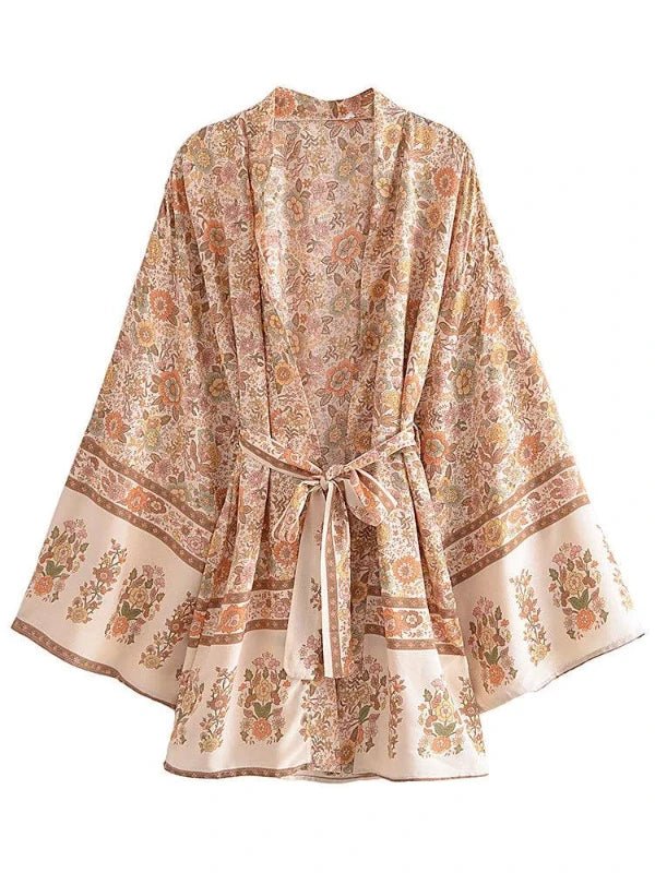 V - Neck Floral Boho Kimono Robe Cover Up - SHExFAB