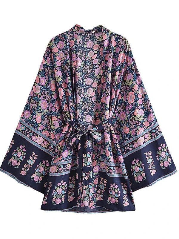 V - Neck Floral Boho Kimono Robe Cover Up - SHExFAB