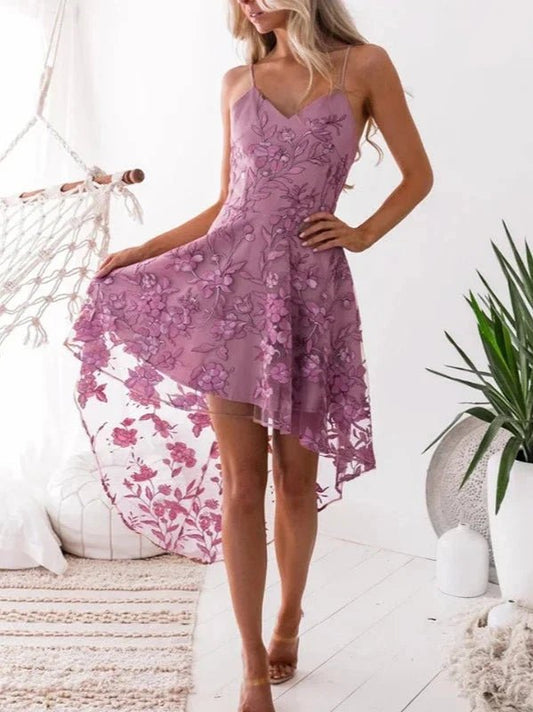 V - Neck Flower Embroidery Asymmetrical Lace Dress - SHExFAB