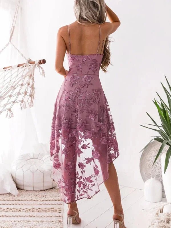 V - Neck Flower Embroidery Asymmetrical Lace Dress - SHExFAB