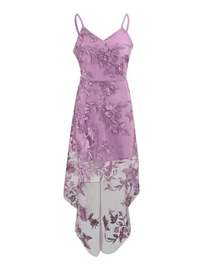 V - Neck Flower Embroidery Asymmetrical Lace Dress - SHExFAB