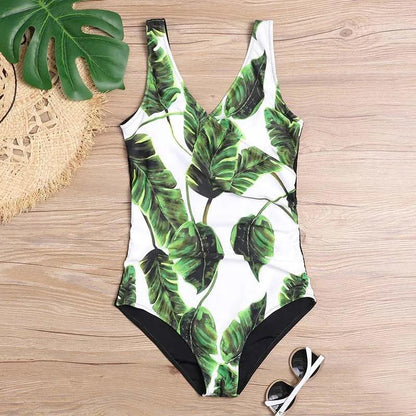 V - Neck Graphic One - Piece Swimsuit Swimwear - SHExFAB