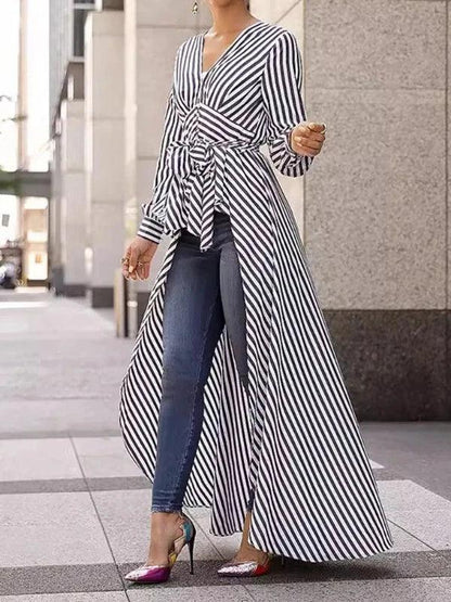 V - Neck Lace - Up Striped Irregular Long Shirt Dress - SHExFAB