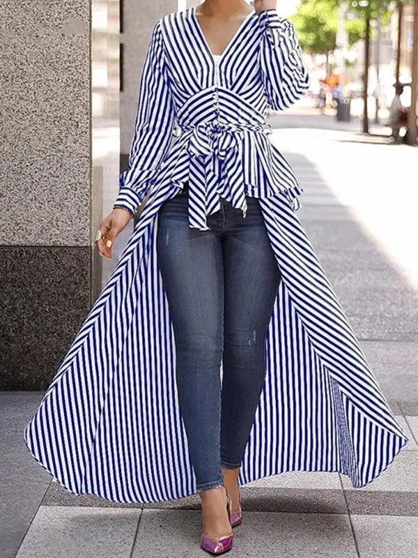 V - Neck Lace - Up Striped Irregular Long Shirt Dress - SHExFAB