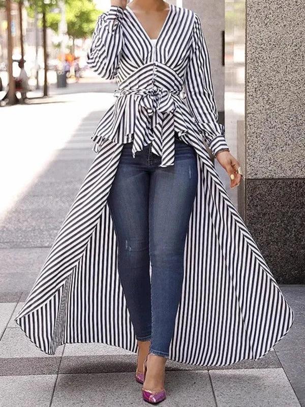 V - Neck Lace - Up Striped Irregular Long Shirt Dress - SHExFAB