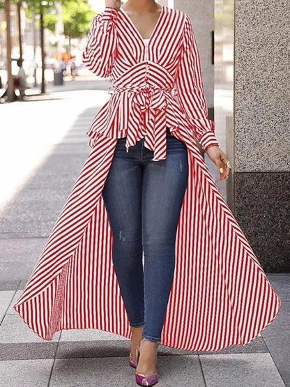 V - Neck Lace - Up Striped Irregular Long Shirt Dress - SHExFAB