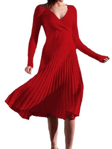 V - Neck Long Sleeve Maxi Pleated Knitted Dress - SHExFAB