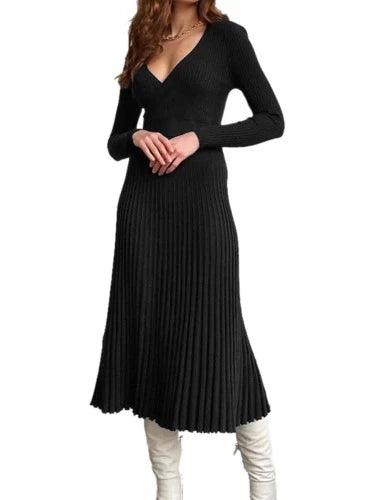 V - Neck Long Sleeve Maxi Pleated Knitted Dress - SHExFAB