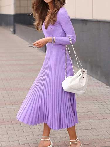 V - Neck Long Sleeve Maxi Pleated Knitted Dress - SHExFAB