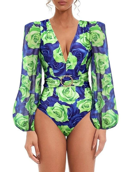 V - Neck One - Piece Puff Sleeve Floral Swimsuit - SHExFAB