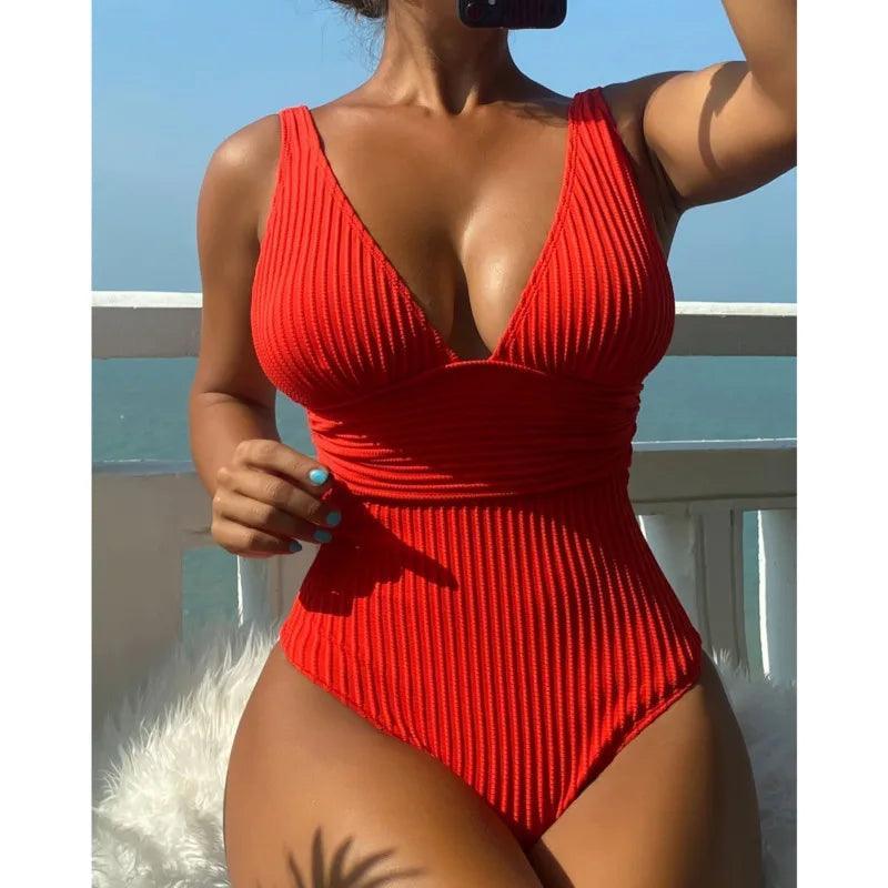 V - Neck Padded Flattering One Piece Swimsuit - SHExFAB