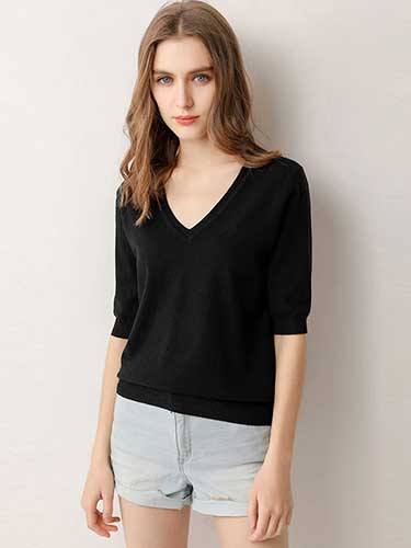 V - Neck Short Sleeve Knitted Top - SHExFAB