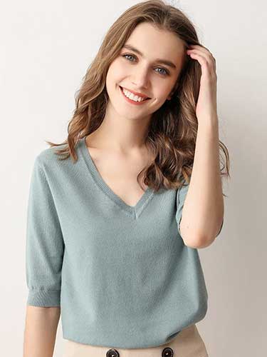 V - Neck Short Sleeve Knitted Top - SHExFAB