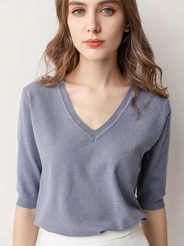 V - Neck Short Sleeve Knitted Top - SHExFAB