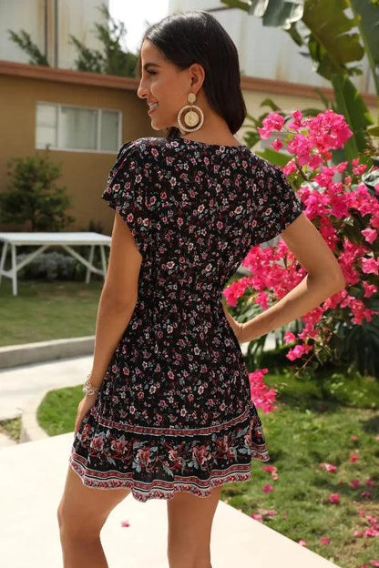 V - Neck Short Sleeve Small Floral Button Down dress - SHExFAB