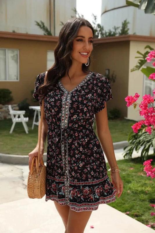 V - Neck Short Sleeve Small Floral Button Down dress - SHExFAB