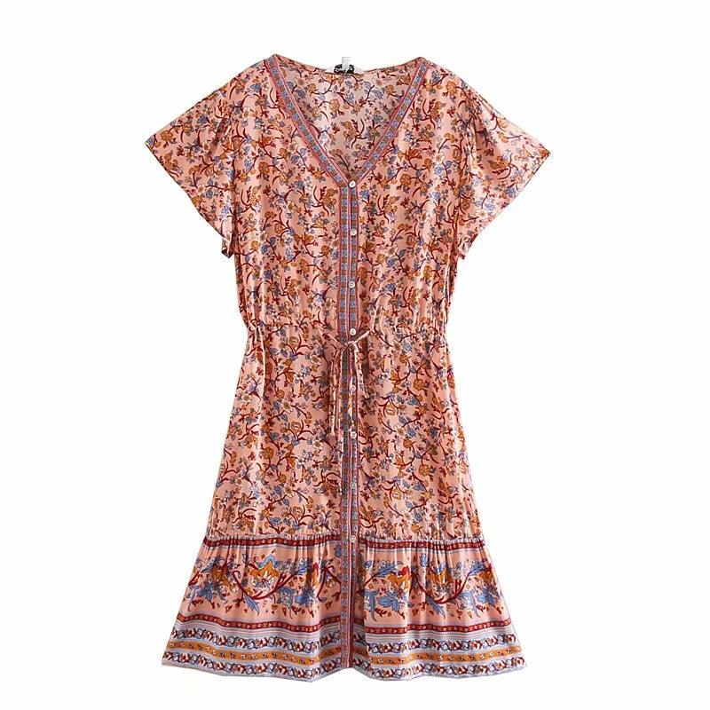 V - Neck Short Sleeve Small Floral Button Down dress - SHExFAB