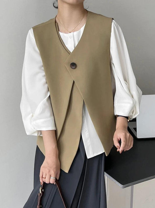 V - Neck Single Button Irregular Fashion Vest - SHExFAB