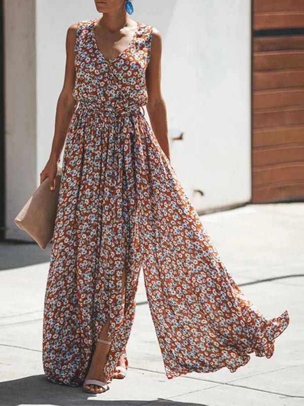 V - Neck Small Flower Long Split Summer Dress - SHExFAB