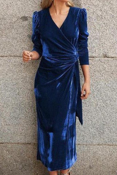 V - Neck Velvet Long Dress - SHExFAB