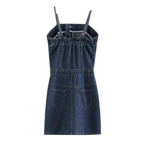 Vintage Button Blue Mini Denim Dress - SHExFAB