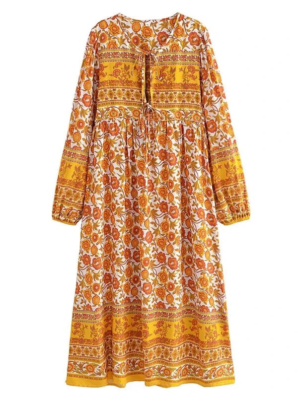 Vintage Floral Print Long Sleeve Bohemian Maxi Dress - SHExFAB