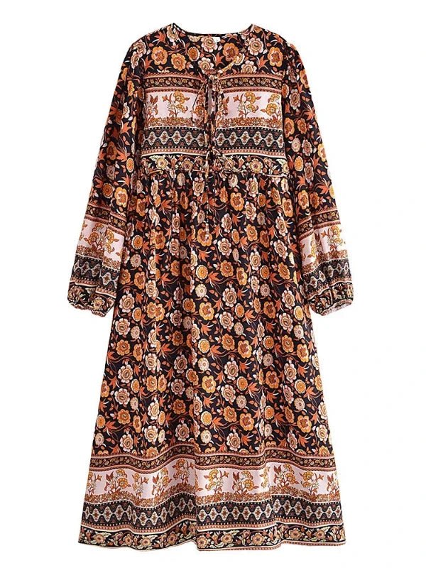 Vintage Floral Print Long Sleeve Bohemian Maxi Dress - SHExFAB